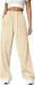 Casual high-waisted wide-leg trousers detail, loose drawstring waist, comfortable summer fit. - S / Off White