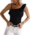 Women's summer one-shoulder ribbed tank top with elegant ruffle detail, slim fit black top. - S / Black