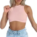 Close-up detail of the pink ribbed knit sleeveless crop top, featuring a classic round neckline. - XS / Pink