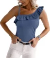 Detailed view of the stylish one-shoulder ribbed top featuring elegant ruffle trim and sleek fit. - S / Rouge Red
