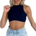 Detailed shot of a black ribbed crop top, mock neck, sleeveless, casual slim fit style. - XS / Black