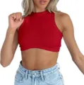 Red ribbed knit crop tank top for women, casual sleeveless crew neck summer basic apparel. - XS / Red