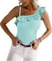 Women one shoulder ribbed tank top summer casual slim fit mint green ruffle sleeveless shirt - S / Light Blue
