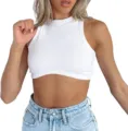 Summer women's white ribbed knit crop top basic casual sleeveless crew neck slim tank top. - XS / White