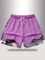 Close-up detail view of women's athletic sports shorts with camo trim and drawstring waist. - S / Purple