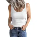 Close-up detail of women's ribbed sleeveless tank top, slim fit basic apparel view. - S / Tops / White