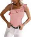 Close-up view of the pink one-shoulder ruffled top, ribbed knit texture and stylish trim. - S / Pink