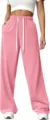 Pink high-waisted casual pants detail showing soft fabric, elastic waistband and white drawstring. - S / Pink