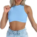 Close-up detail view of the light blue ribbed knit crop top, showing its slim fit texture. - XS / Khaki