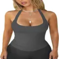 Canotta grigia in maglia halter con scollo profondo, senza maniche, vestibilità slim, dettaglio - Taglia S / Top / Grigio