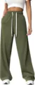 Detail view of women's high-waisted casual wide-leg sweatpants with white drawstring waist. - S / Army Green