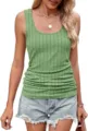 Women green ribbed knit tank top detail view, summer casual slim sleeveless apparel piece. - S / Tops / Green