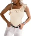 Women Summer One Shoulder Ruffle Ribbed Knit Tank Top Casual Slim Fit Sleeveless Shirt - S / Off White