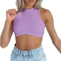 Close-up detail of the purple ribbed knit crop top, sleeveless round neck slim fit design. - XS / Purple