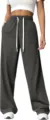 Close-up detail of the high-waist grey loose wide-leg sweatpants with white drawstring. - S / Dark Gray