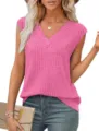 Zomer casual vrouwen roze geribbeld mouwloos V-hals tanktop detailweergave, comfortabel knit. - S / Tops / Rozerood