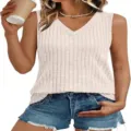Mujer parte superior punto sin mangas cuello V liso jersey casual verano detalle. - S / Tops / Albaricoque