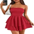 Detailed view of the stylish red strapless ruffled mini dress, perfect for summer casual wear. - S / Dresses / Brick Red