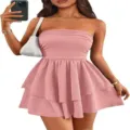Stylish pink strapless sleeveless tiered ruffle mini dress for women summer casual wear. - S / Dresses / Pink