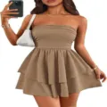 Women summer casual strapless layered ruffle mini dress elegant slim fit party wear outfit - S / Dresses / Khaki