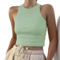 Canotta a coste tinta unita da donna, top corto smanicato slim fit estivo, verde chiaro. - Ciano