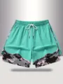 Women athletic sports shorts fake two-piece camouflage gym fitness activewear drawstring waist - S / Green