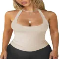 Vista dettagliata top halter costine beige donna, vestibilità slim smanicato estate. - Taglia S / Top / Albicocca
