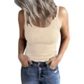 Close-up detail of women sleeveless ribbed slim fit basic tank top in solid beige color style. - S / Tops / Apricot