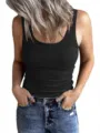 Closeup view of womens black ribbed sleeveless tank top, stretchy slim fit basic casual wear. - S / Tops / Black