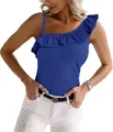 Blue one-shoulder ruffle tank top detail, slim-fit knitted summer women's apparel view. - S / Sapphire Blue
