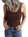 Women brown ribbed tank top sleeveless slim fit basic casual summer top apparel detail view - S / Tops / Brown