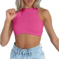 Summer ribbed knit crop top, sleeveless round neck basic style for women, hot pink. - XS / Rose Red