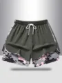 Women athletic fitness running shorts with elastic drawstring and fake two piece design. - Army Green