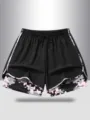 2025 Summer Women's Athletic Shorts Drawstring Casual Activewear Fake Two-Piece Shorts - Black