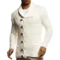 Cardigan en tricot uni à manches longues pour hommes avec col châle et boutons. - M / Blanc