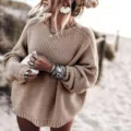 Pull en tricot oversize pour femme, pull-over chaud uni pour l'automne et l'hiver. - S / Hauts / Kaki