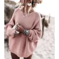 Mujer jersey rosa oversize de punto manga larga casual monocolor top elegante nuevo - M / Tops / Rosa
