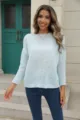 Light blue hollow out knit sweater detail, casual round neck mohair style top for autumn. - S / Blue