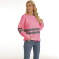 Close-up view of women's pink striped knit sweater, soft cozy texture, fashion apparel detail. - S / Tops / Pink