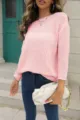 Pink knit sweater detail shot showing textured hollow-out design and elegant collar. - S / Pink