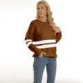 Women brown knit sweater with white stripes, casual long sleeve crewneck pullover for autumn winter. - S / Tops / Khaki