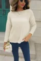 Beige long-sleeve hollow knit sweater for women, casual autumn winter pullover top. - S / Off White