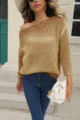 Women casual hollow knit sweater detailed view, stylish autumn top for daily commute. - S / Khaki