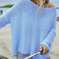 Lockerer einfarbiger Damen Pullover mit langen Ärmeln, perfekt für den Strandurlaub im Sommer. - Blau