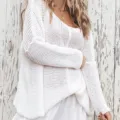 Damen lässiger V-Ausschnitt Langarm Strickpullover einfarbig lockerer Pullover Top Herbst - Weiß