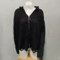 Women black knitted hooded cardigan with metal ring zipper and distressed hem details. - S / Black