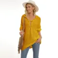 Close-up view of yellow knit sweater detail, featuring lace-up front and cozy hoodie design. - S / Yellow