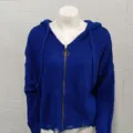 Royal blue knit hoodie detail, front metal ring zipper closure, distressed hem design. - S / Sapphire Blue
