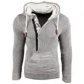Men's grey knit hooded sweatshirt detail, featuring quarter zip and cozy textured fabric. - Light Gray