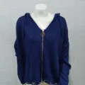 Women dark blue knitted hooded cardigan sweater, featuring metal ring zipper and ripped hem. - Dark Blue